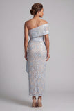 Robe longue de mère de la mariée en sequins bodycons bleu poussiéreux avec nœud long