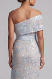 Robe longue de mère de la mariée en sequins bodycons bleu poussiéreux avec nœud long