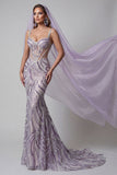 Corset transparent lilas sirène paillettes Longue robe de concours avec voiles