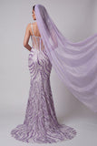 Corset transparent lilas sirène paillettes Longue robe de concours avec voiles
