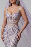 Corset transparent lilas sirène paillettes Longue robe de concours avec voiles