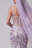 Corset transparent lilas sirène paillettes Longue robe de concours avec voiles
