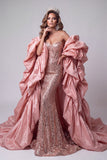 Sweetheart Pink Siren Corset Sequins Longue robe de concours avec traîne à volants