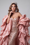 Sweetheart Pink Siren Corset Sequins Longue robe de concours avec traîne à volants