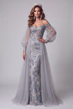 Épaules décalées, sirène bleu poussiéreux, paillettes longues robe de concours avec traîne