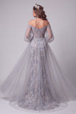 Épaules décalées, sirène bleu poussiéreux, paillettes longues robe de concours avec traîne