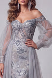 Épaules décalées, sirène bleu poussiéreux, paillettes longues robe de concours avec traîne