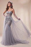 Petite robe de concours longue sirène en paillettes bleu poussiéreux avec traîne