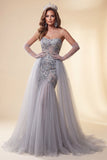 Petite robe de concours longue sirène en paillettes bleu poussiéreux avec traîne