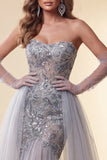 Petite robe de concours longue sirène en paillettes bleu poussiéreux avec traîne