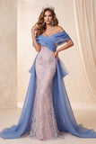 Robe de concours longue sirène bleu et rose à paillettes dénudées