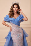 Robe de concours longue sirène bleu et rose à paillettes dénudées