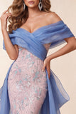 Robe de concours longue sirène bleu et rose à paillettes dénudées