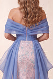 Robe de concours longue sirène bleu et rose à paillettes dénudées