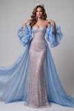 Sirène bleue et rose, paillettes florales, bretelles fines, longue robe de concours à volants, traîne à volants