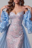 Sirène bleue et rose, paillettes florales, bretelles fines, longue robe de concours à volants, traîne à volants