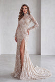 Champagne Sirène à col montant à paillettes franges, longue robe de concours avec fente