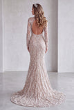 Champagne Sirène à col montant à paillettes franges, longue robe de concours avec fente