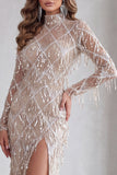 Champagne Sirène à col montant à paillettes franges, longue robe de concours avec fente