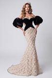 Robe de concours à manœuvres longues à manches bouffantes avec des sirènes noires sirène noire à paillettes, florales découpées