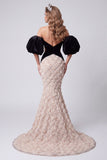 Robe de concours à manœuvres longues à manches bouffantes avec des sirènes noires sirène noire à paillettes, florales découpées