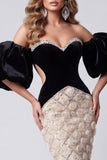 Robe de concours à manœuvres longues à manches bouffantes avec des sirènes noires sirène noire à paillettes, florales découpées