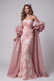Robe longue de concours sans bretelles rose à perles en sirène avec traîne