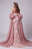 Robe longue de concours sans bretelles rose à perles en sirène avec traîne