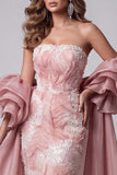 Robe longue de concours sans bretelles rose à perles en sirène avec traîne