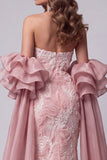 Robe longue de concours sans bretelles rose à perles en sirène avec traîne