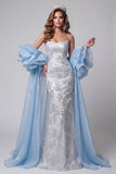 Robe longue de concours sirène bleu clair sans bretelles florales perlées avec traîne à volants