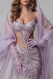 Robe longue de concours à bretelles fines lilas à bretelles fines sirène découpée en paillettes