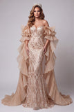 Champagne Sweetheart Siren Sequins Longue robe de concours avec traîne