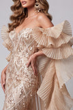 Champagne Sweetheart Siren Sequins Longue robe de concours avec traîne