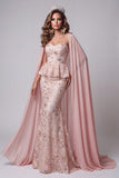 Sweetheart Blush Sirène fleur à volants paillettes longue robe de concours avec cape
