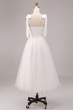 Robe de fiançailles en tulle midi à col carré blanc à col carré en A avec nœud