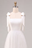 Robe de fiançailles en tulle midi à col carré blanc à col carré en A avec nœud