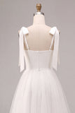 Robe de fiançailles en tulle midi à col carré blanc à col carré en A avec nœud