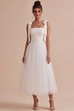 Robe de fiançailles en tulle midi à col carré blanc à col carré en A avec nœud