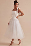 Robe de fiançailles en tulle midi à col carré blanc à col carré en A avec nœud