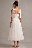 Robe de fiançailles en tulle midi à col carré blanc à col carré en A avec nœud