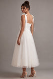 Robe de fiançailles en tulle midi à col carré blanc à col carré en A avec nœud