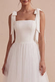 Robe de fiançailles en tulle midi à col carré blanc à col carré en A avec nœud