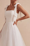 Robe de fiançailles en tulle midi à col carré blanc à col carré en A avec nœud