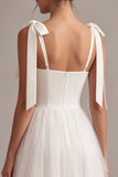 Robe de fiançailles en tulle midi à col carré blanc à col carré en A avec nœud
