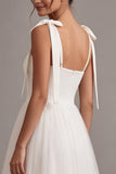 Robe de fiançailles en tulle midi à col carré blanc à col carré en A avec nœud