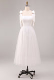 Robe de fiançailles en tulle midi à col carré blanc à col carré en A avec nœud