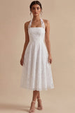 Robe de fiançailles Midi à col nu blanc en ligne A-line avec dédentelle