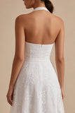 Robe de fiançailles Midi à col nu blanc en ligne A-line avec dédentelle