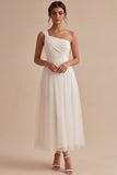 Robe de fiançailles blanche Midi à une épaule en ligne A